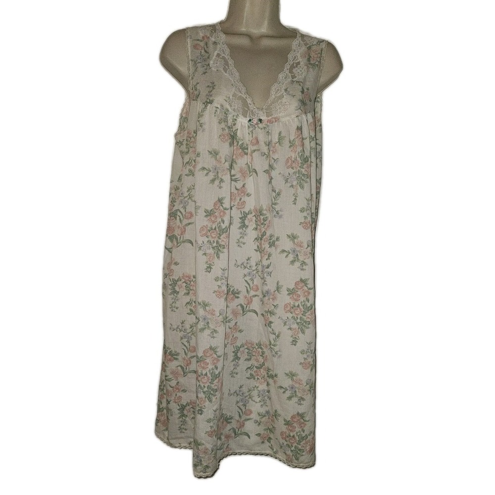 Vintage Womens M Sleeveless Midi Nightgown Floral Print Lace Accent Cottagecore